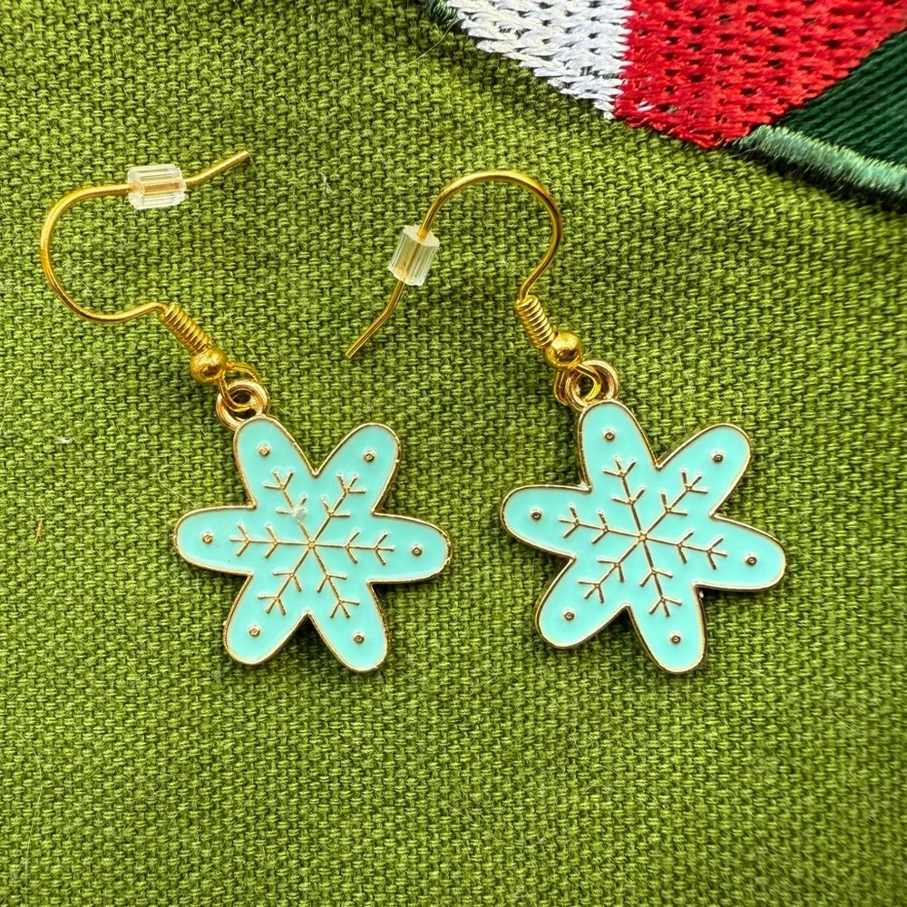 New Handmade Artisan Blue and Gold Snowflake Earrings